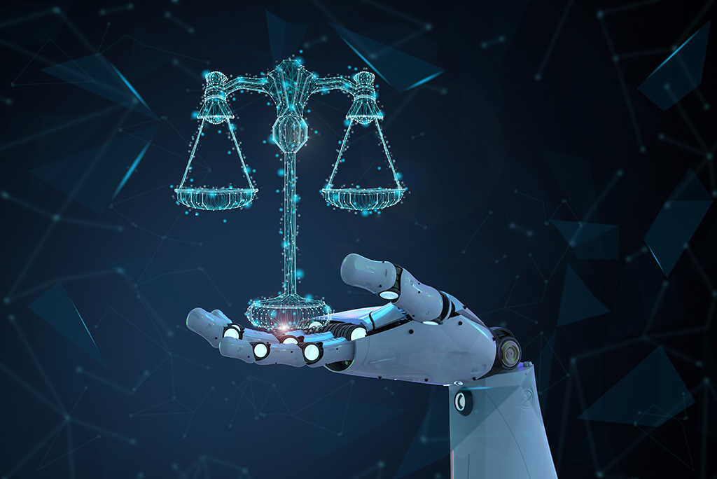 Robot hand holding scales of justice