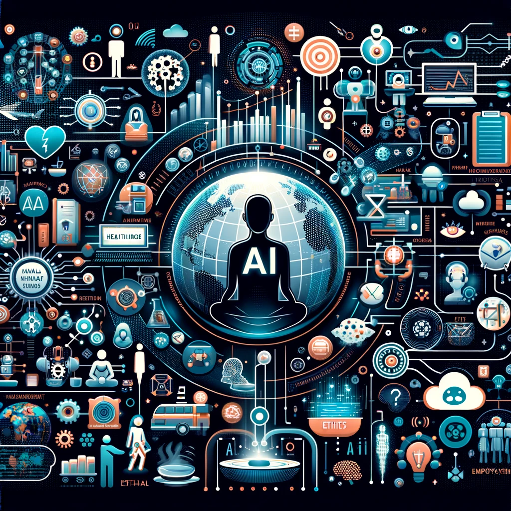 Here's a graphic summarizing AI's impact on humanity. It includes symbols and icons to represent key areas such as healthcare, education, employment, ethics, and privacy, among others. The infographic also illustrates the debate over AI's benefits versus its challenges and highlights the global reach of AI.